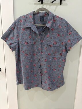 Button Front Short Sleeve Shirt XXL -  floral chambray cotton